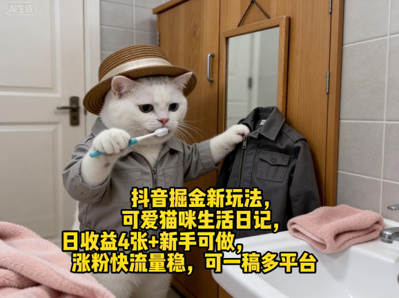 抖音掘金新玩法，可爱猫咪生活日记，日收益4张+新手可做，涨粉快流量稳，可一稿多平台-时光论坛