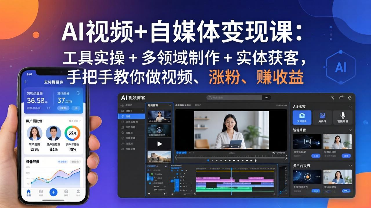 AI视频+自媒体变现课：工具实操 + 多领域制作 + 实体获客，手把手教你做视频、涨粉、赚收益-时光论坛