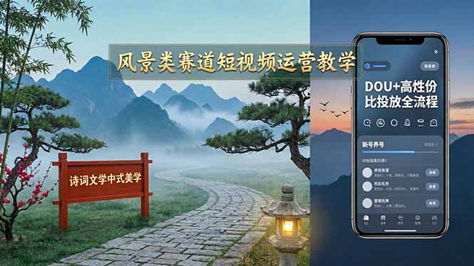 风景类赛道短视频运营教学:诗词文学中式美学,新号养号对标账号定位,DOU+高性价比投放全流程-时光论坛