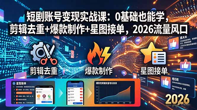 短剧账号变现实战课：0基础也能学，剪辑去重+爆款制作+星图接单，2026流量风口-时光论坛