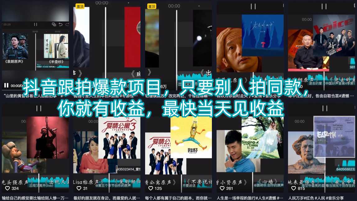 抖音跟拍爆款项目，只要别人拍同款，你就有收益，最快当天见收益-时光论坛