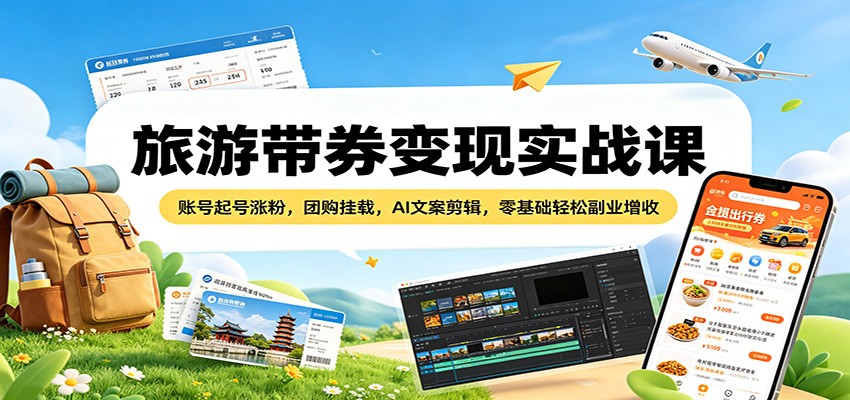 旅游带券变现实战课：账号起号涨粉，团购挂载，AI文案剪辑，零基础轻松副业增收-时光论坛